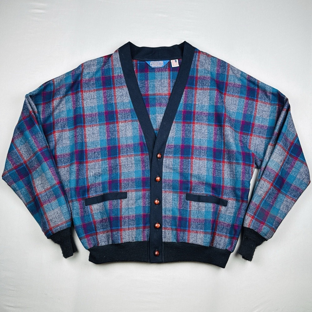 Vintage 80s Pendleton Virgin Wool Plaid Cardigan Sweater USA Made